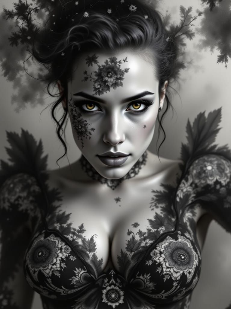 Ethereal Woman with Floral Tattoos in Japanese Ink Style