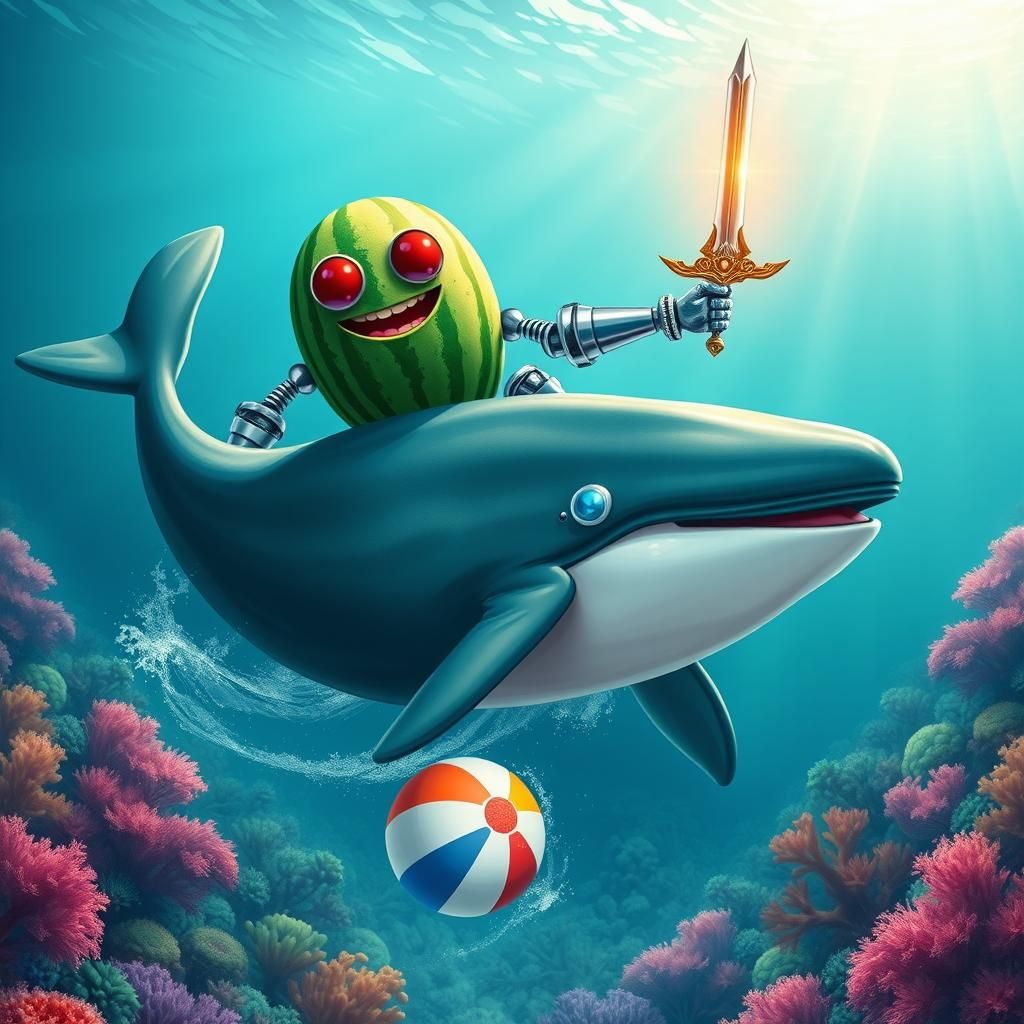 Watermelon Warrior Rides Whale in Coral Reef
