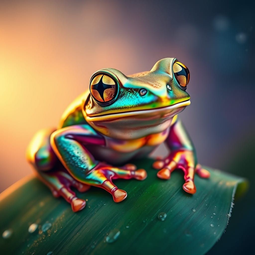 Hyperrealistic Rainbow Frog in Emerald Green Glow with Iride...