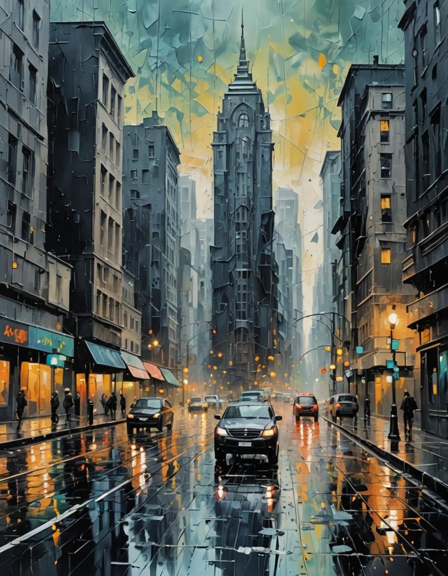 Rainy Metropolis: Abstract Impasto Painting in Pastel Colors