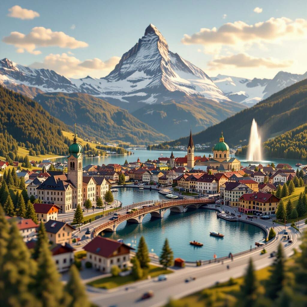A hyperrealistic 3D miniature scene of Switzerland shown on a printed map, photographed from a slightly elevated diagona...