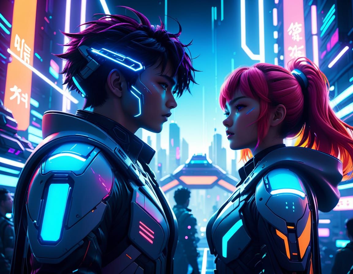Futuristic Anime Scene with Neon Lights in Manga Style