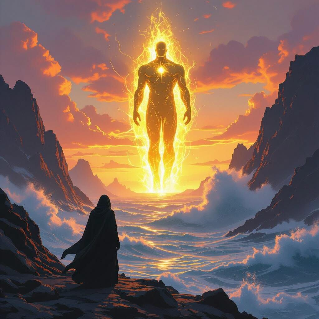 Golden Man Emerges from the Sea at Sunset