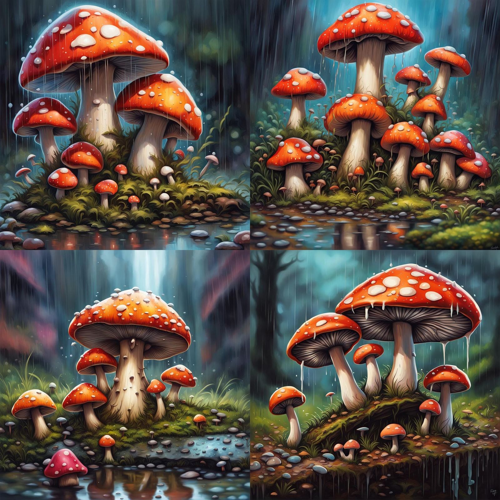 Mouse Sheltering Under Toadstool in Rainy Mushroom Patch