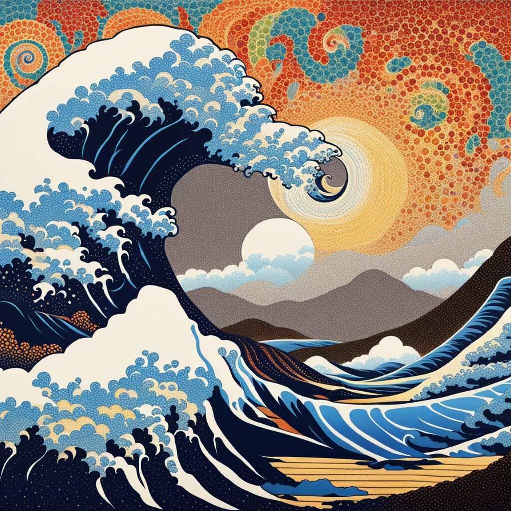 Pointillist Wave in Hokusai Pop Art Style