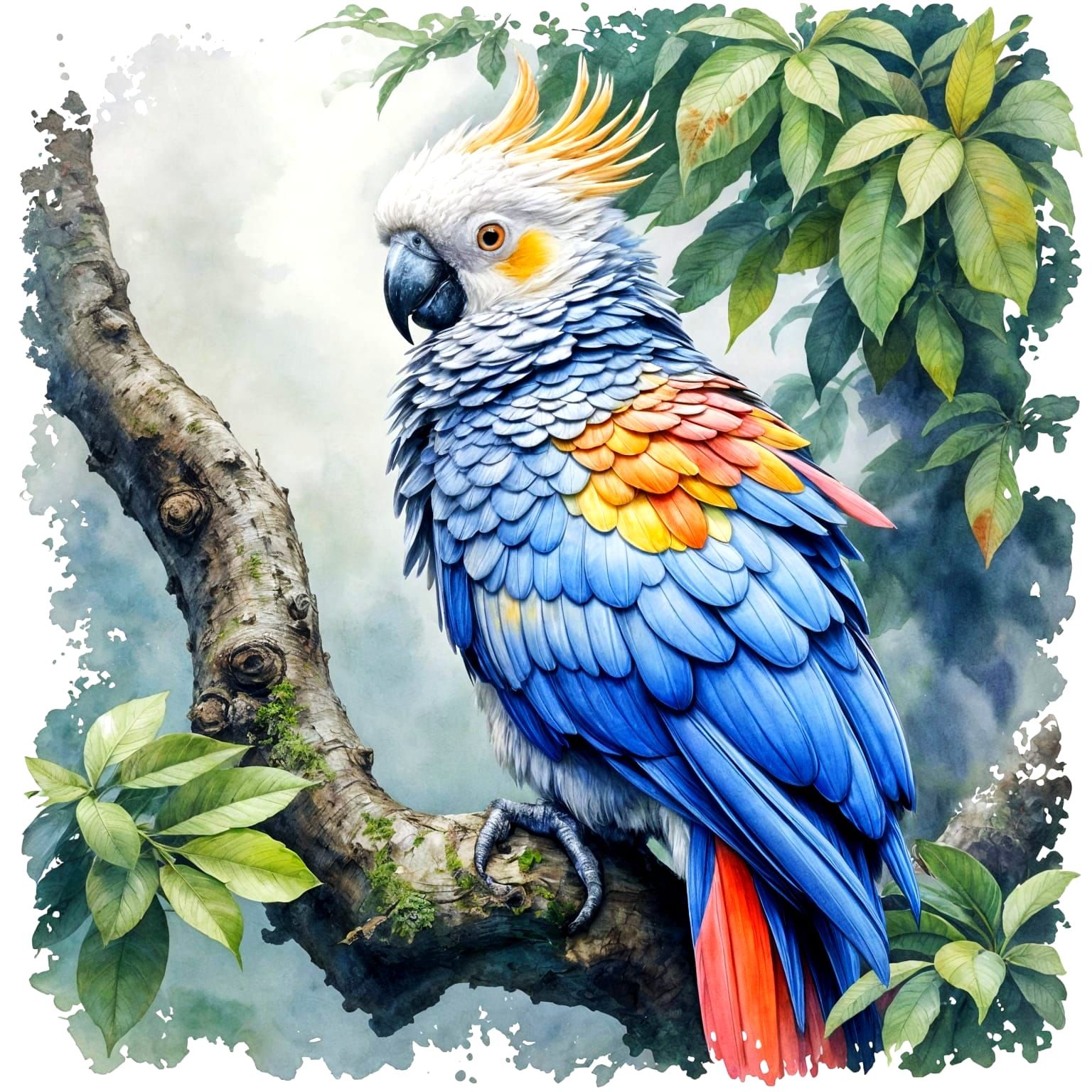 Watercolor Jungle Scene with Majestic Cockatoo