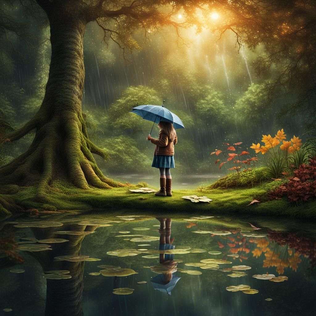 Rainy Forest Pond with Girl and Umbrella