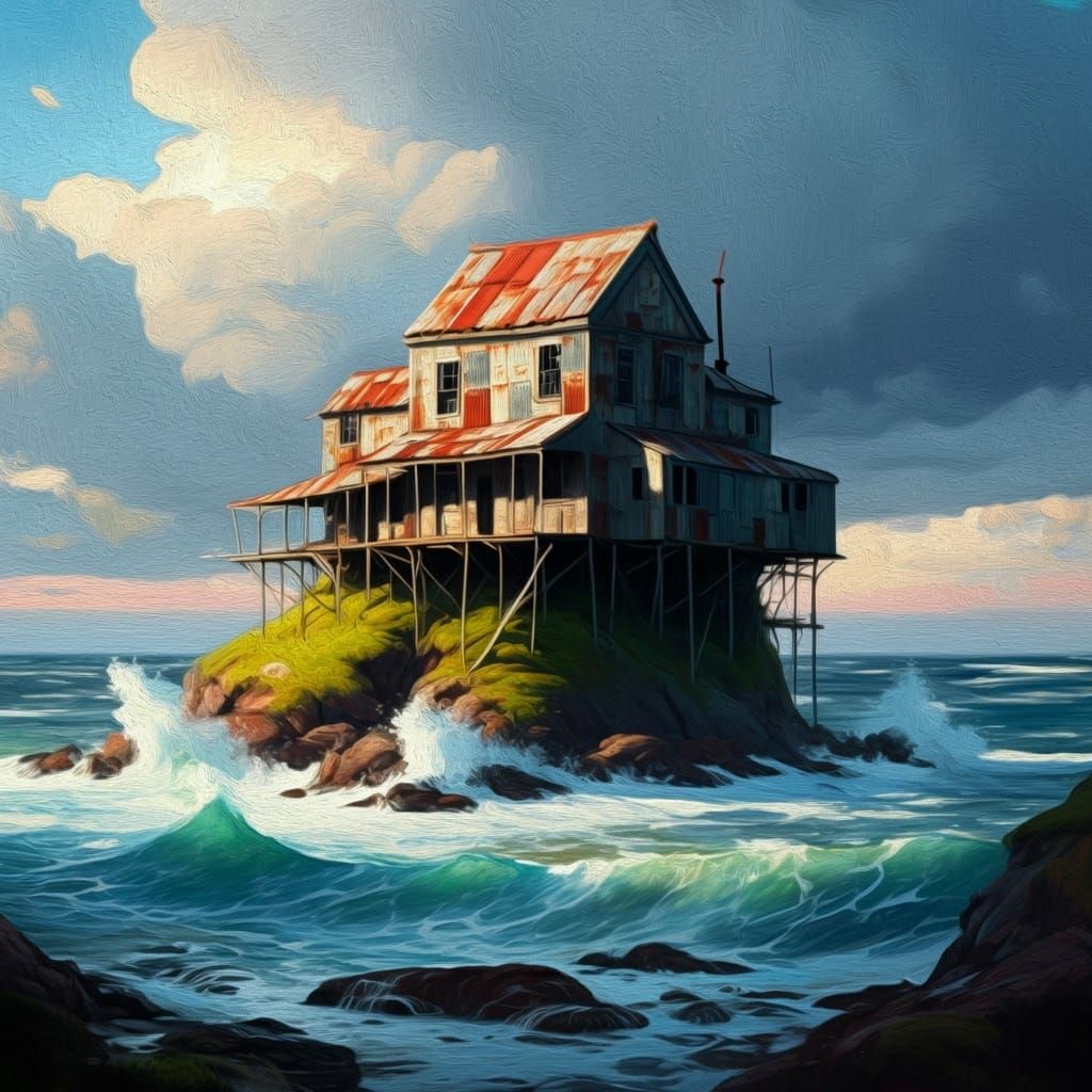 Island House in Impressionist Gouache Watercolor Style