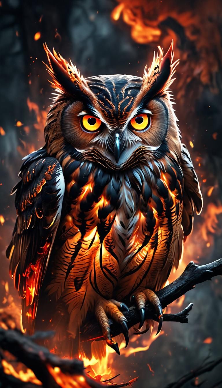 Fearsome Fiery Owl in Dark Fantasy Illustration