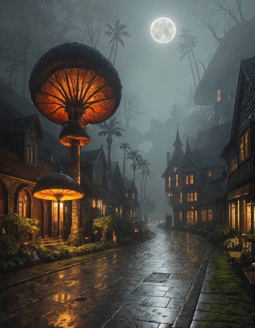 Fantasy Street Scene with Giant Mushrooms