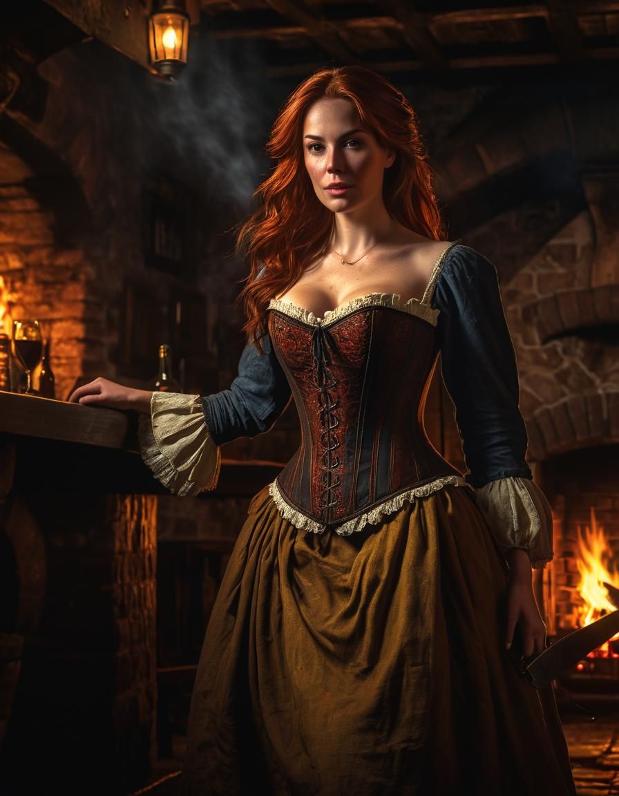 Auburn Woman in Medieval Tavern: Chiaroscuro Oil Painting