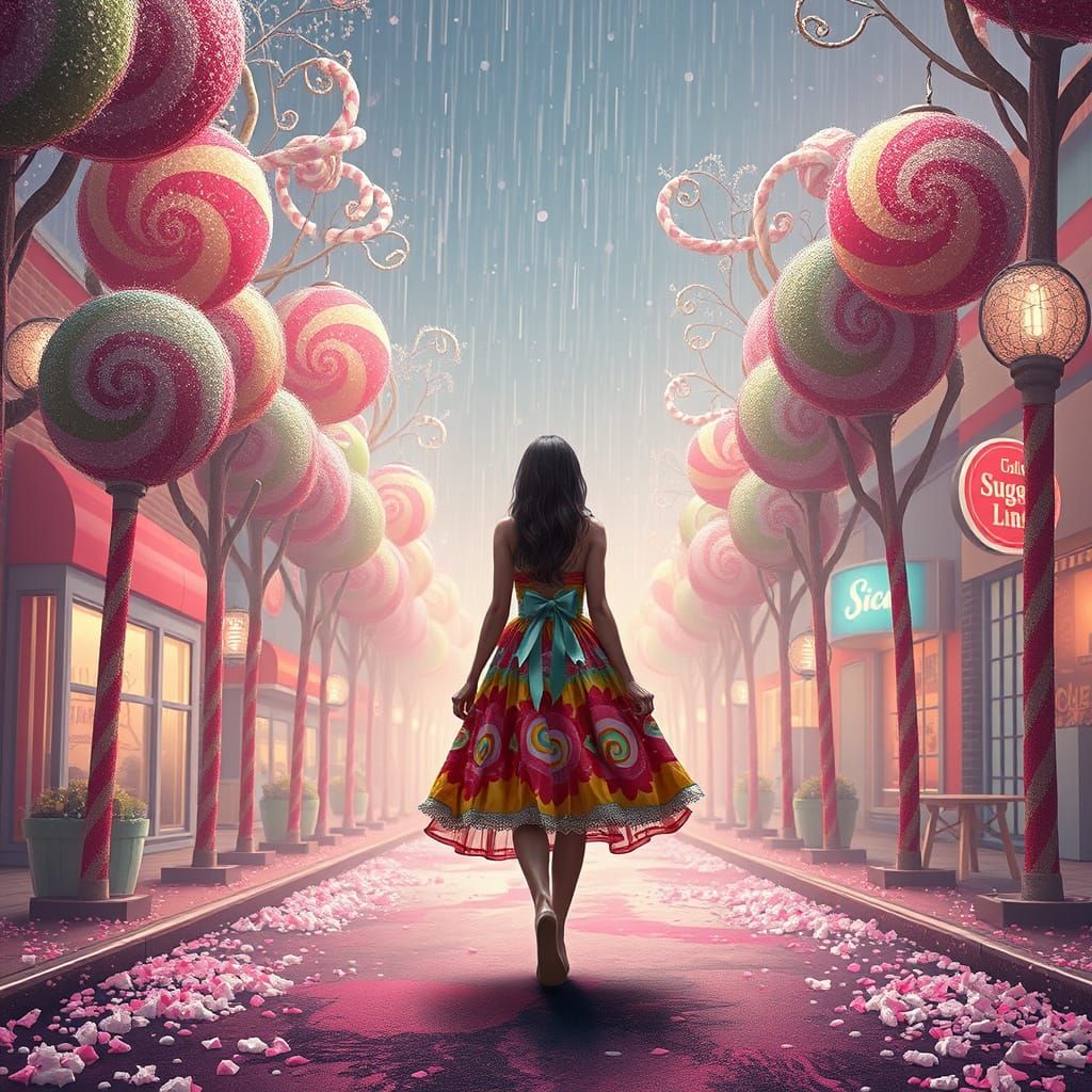 Sugar Town: Woman Walks Lollipop Street in Eerie Nostalgia