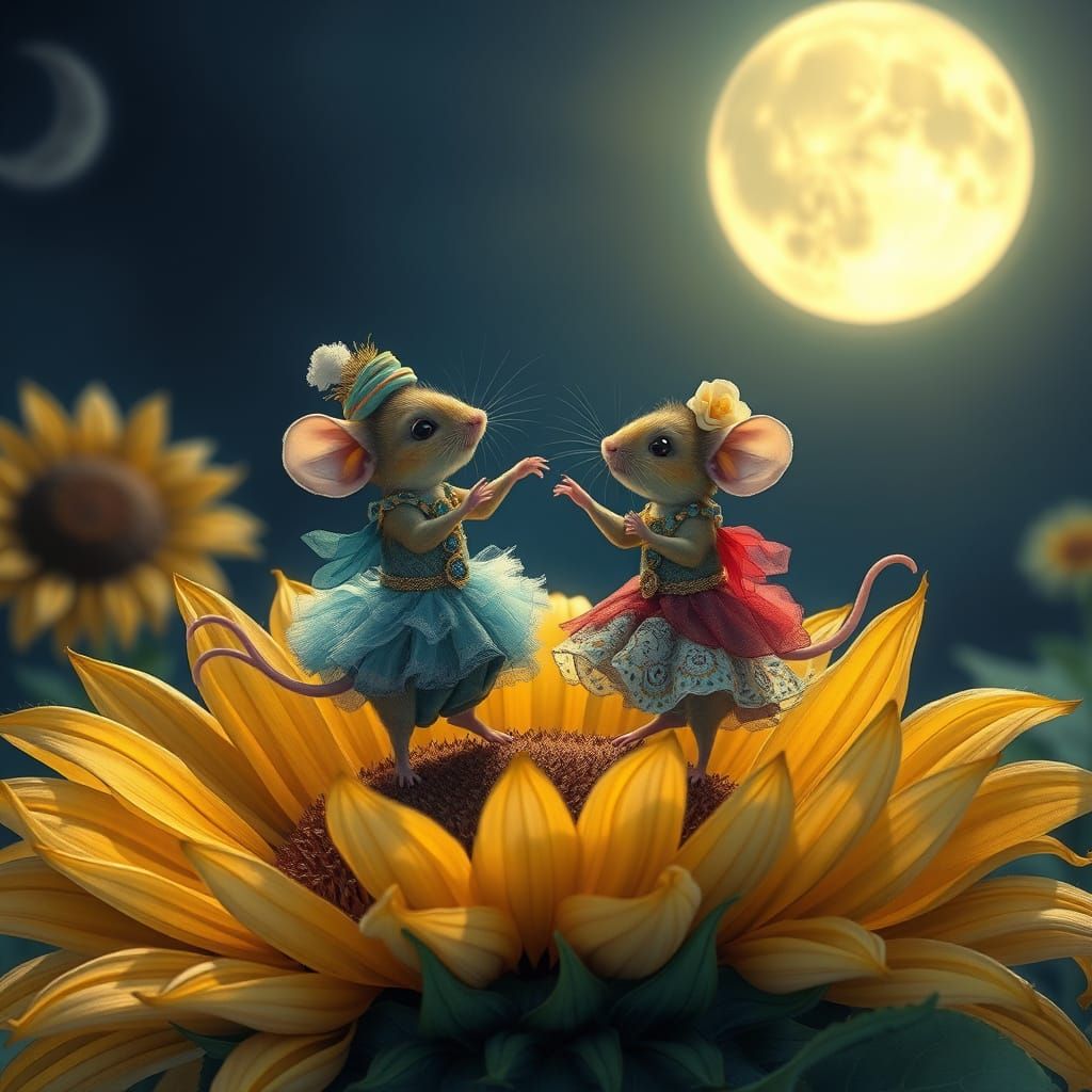 Mice Dancing on Sunflower in Dreamlike Fantasy Style