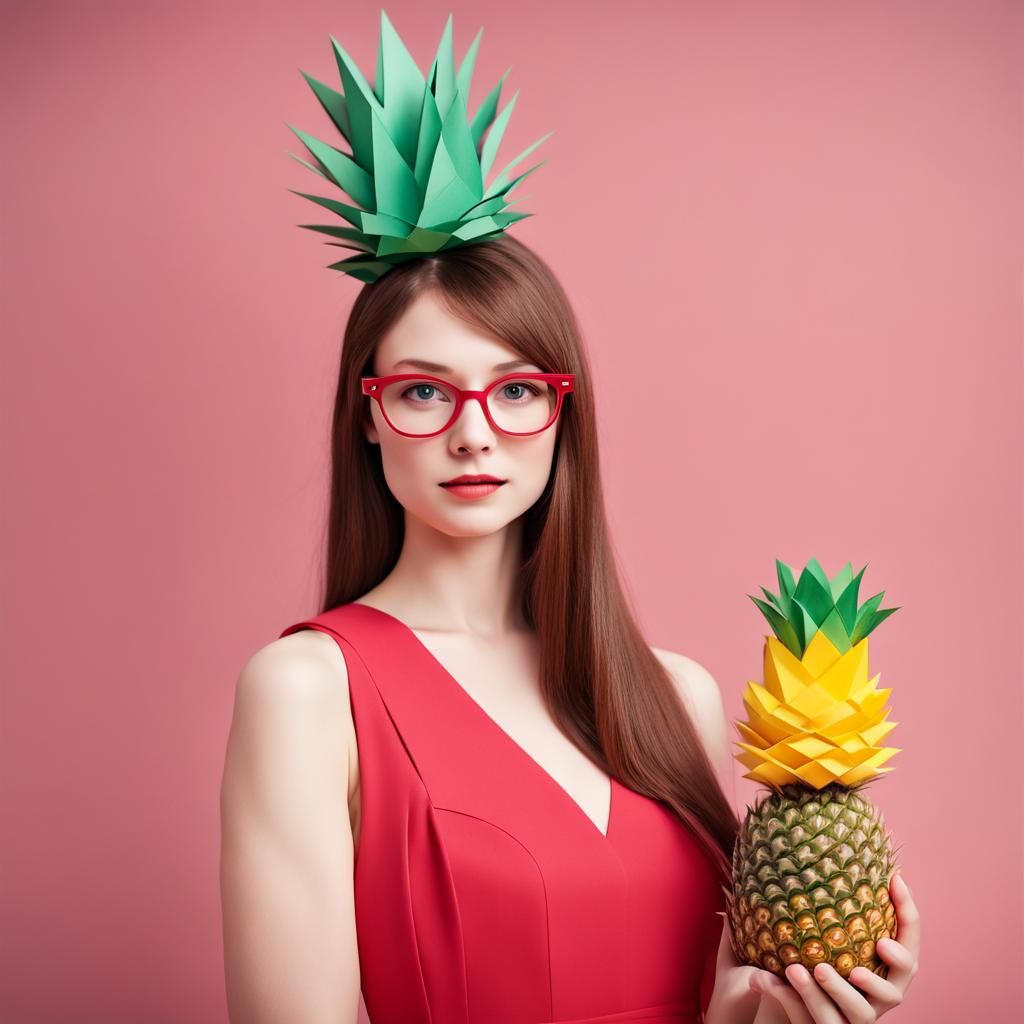 Woman with Pineapple Hat in Origami Papercraft