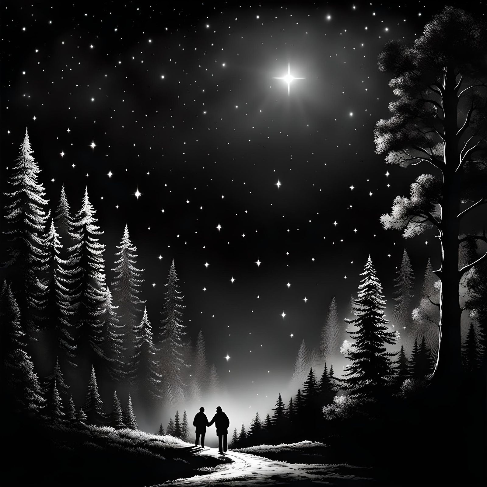 Stars Twinkling Above Forest: Ink Drawing