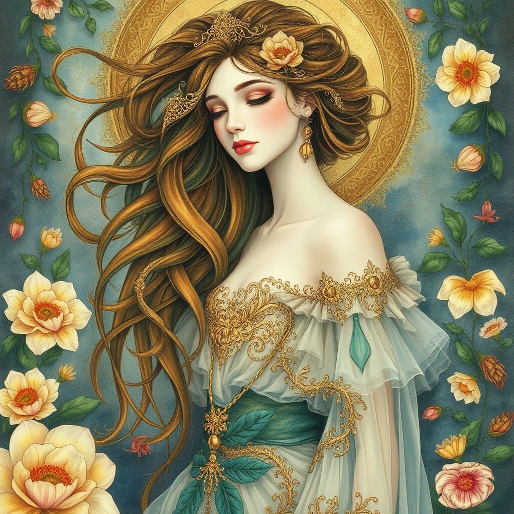 portrait of a woman watercolor in the style of Klimt, Josephine Wall and Anna Silivonchik and Frances MacDonald McNair