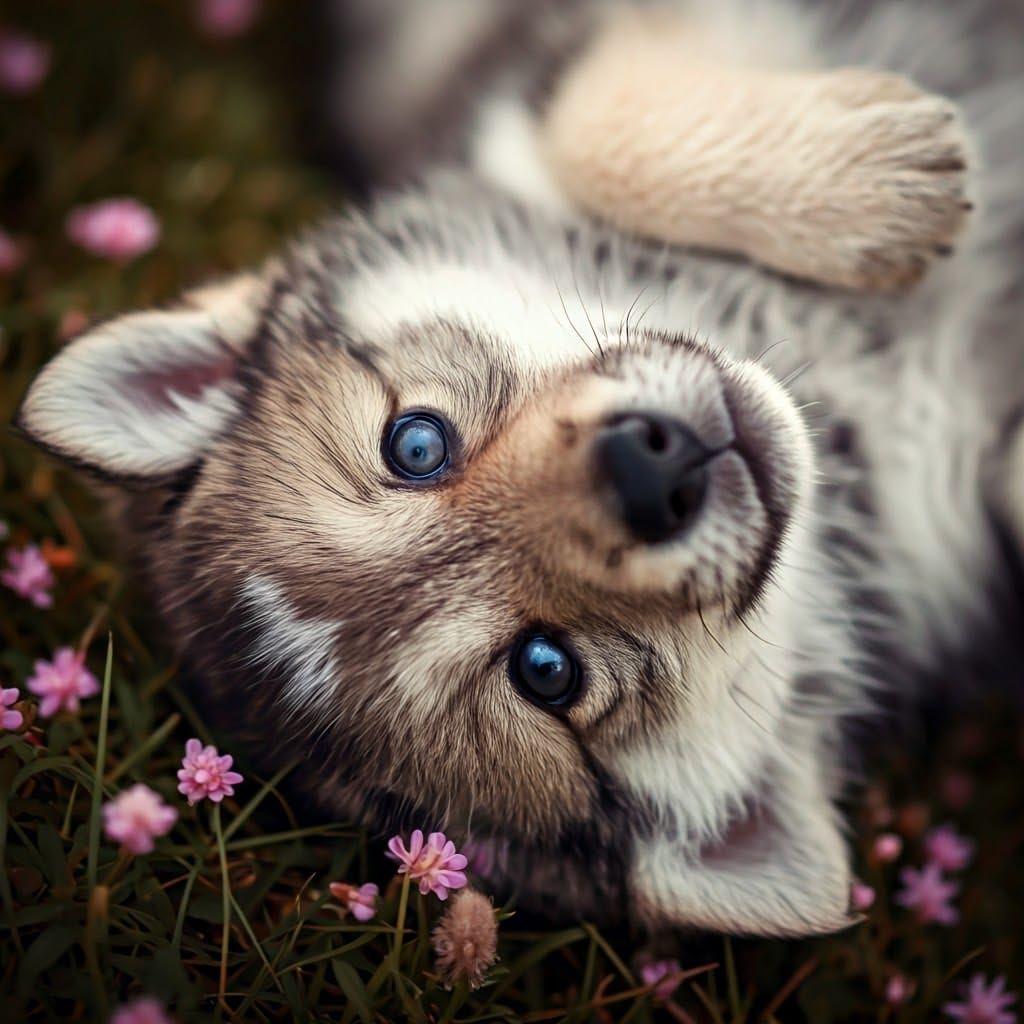 Adorable Wolf Puppy in Dreamy Floral Setting