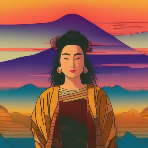 Woman Gazing at Mountain Sunset: Ukiyo-e Concept Art