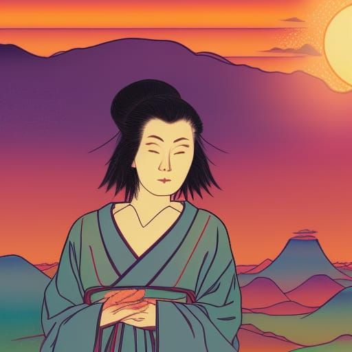 Serene Woman Gazing at Mountain Sunset in Ukiyo-e Style