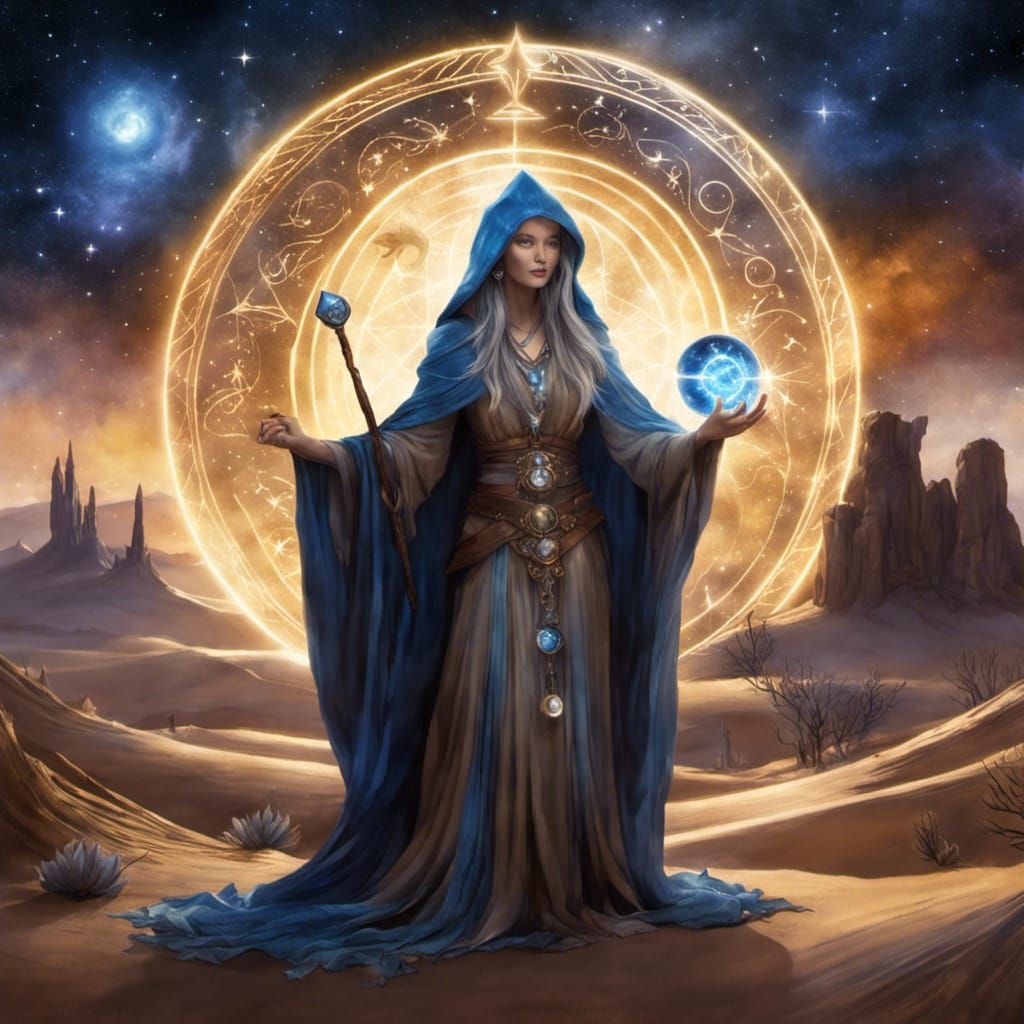 Sorceress Casting Spell, Digital Watercolor with Glowing Run...