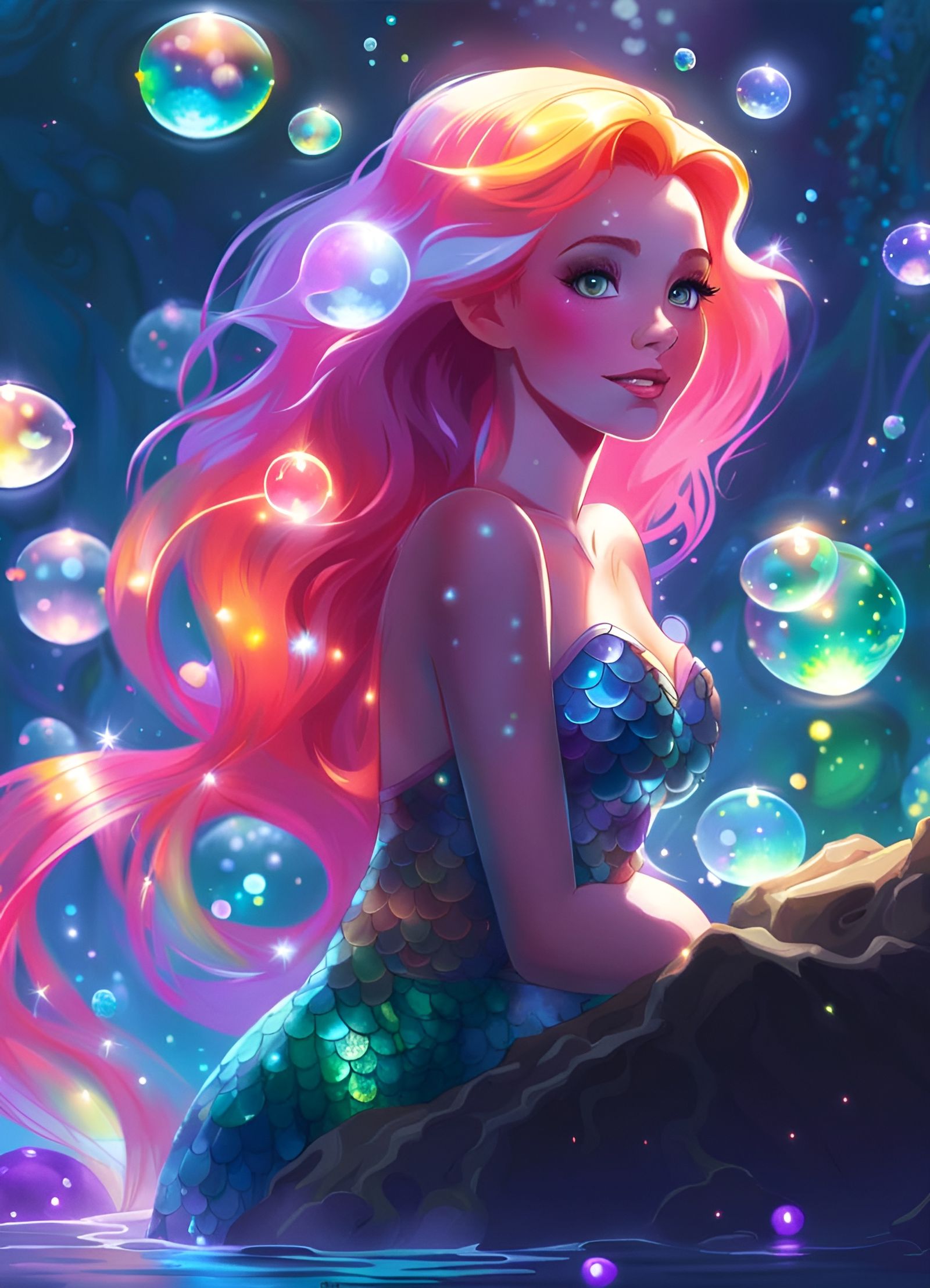 Rainbow Mermaid in Magical Lake, Digital Art