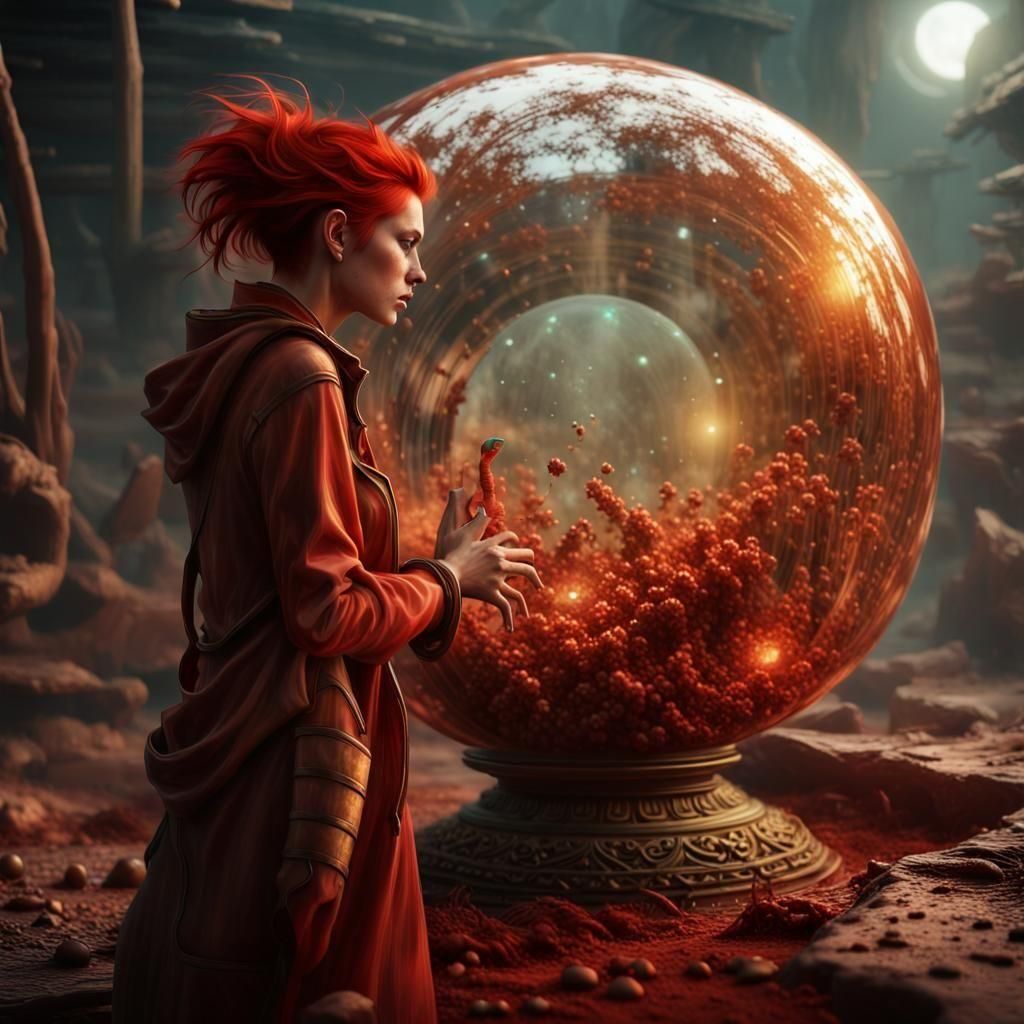 Red-Haired Figure in Toxic Zone with Gold Sphere