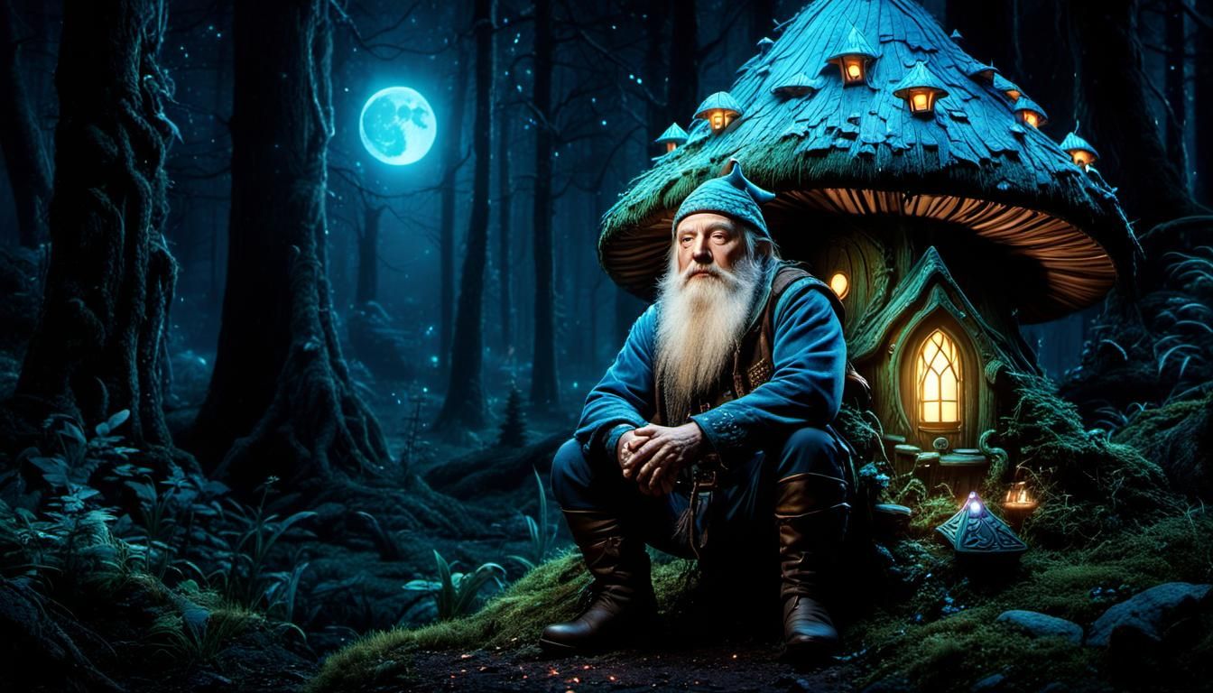 Charming Gnome Outside Bioluminescent Mushroom House