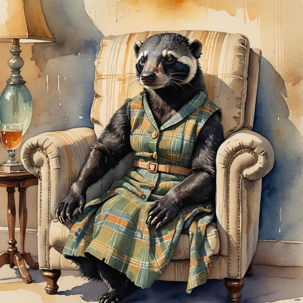 Whimsical Honey Badger in Tweed, Pixar-Inspired Watercolour....