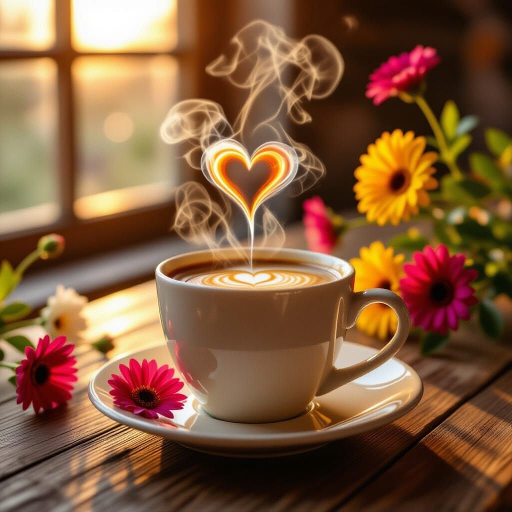 Coffee Cup with Steaming Heart in Romantic Style