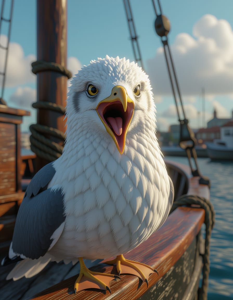 Realistic Seagull Portrait on Fishing Ship