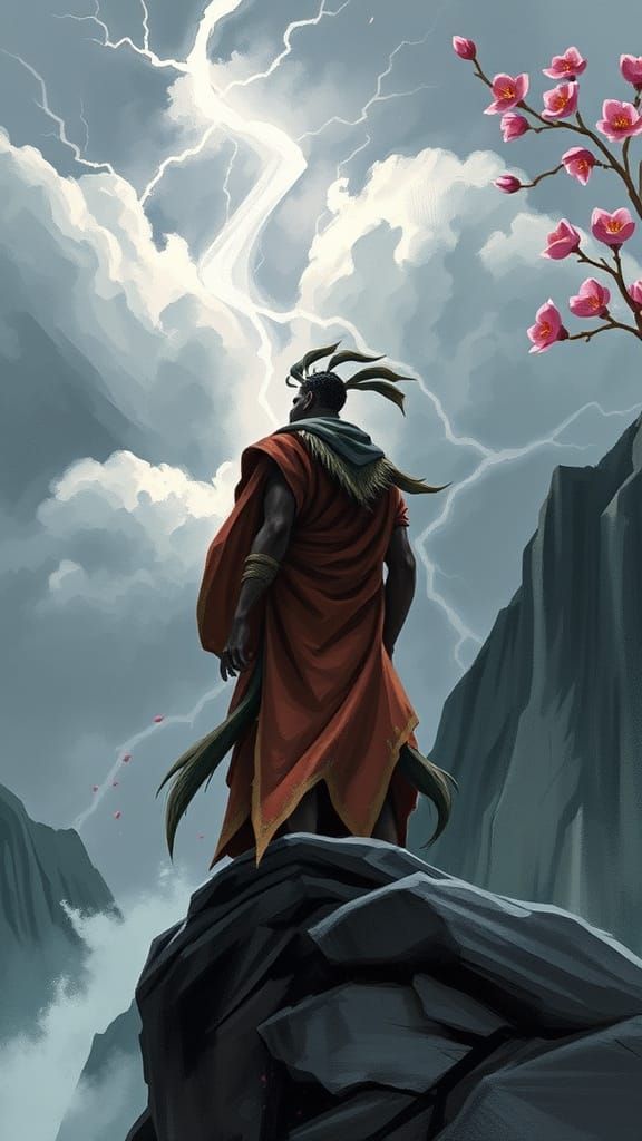 African Warrior on Cliff Edge in Stormy Sky