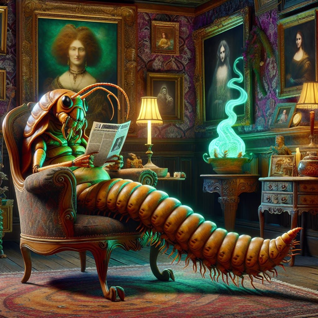 Victorian Centipede Reads 'Ant Life' in Psychedelic Parlor