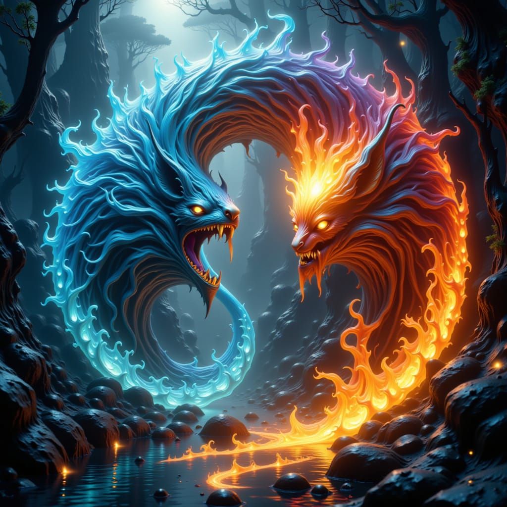 Mystical River and Lava Creatures in Yin Yang Harmony