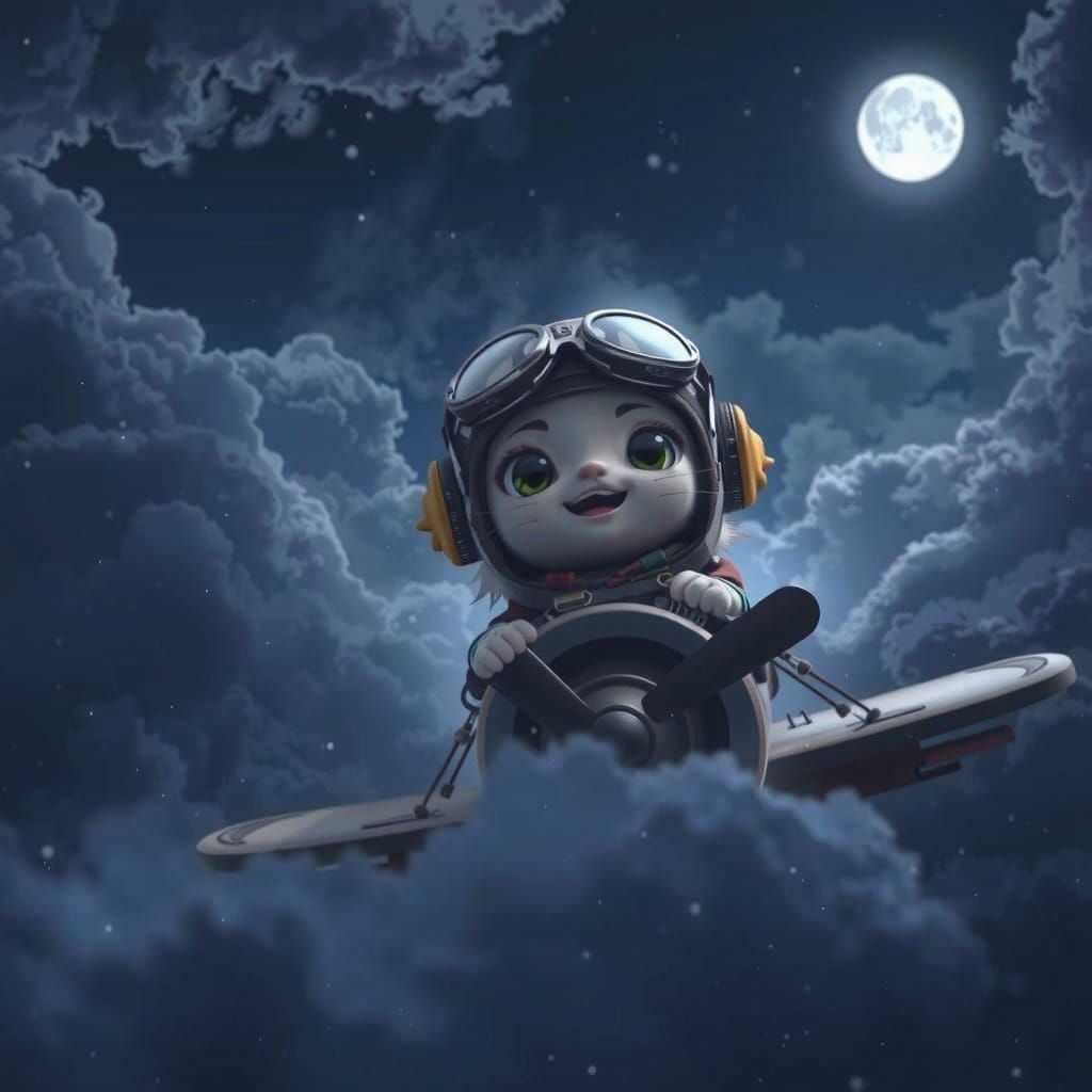 Hamister Pilot Flies Plane Through Moonlit Night Clouds