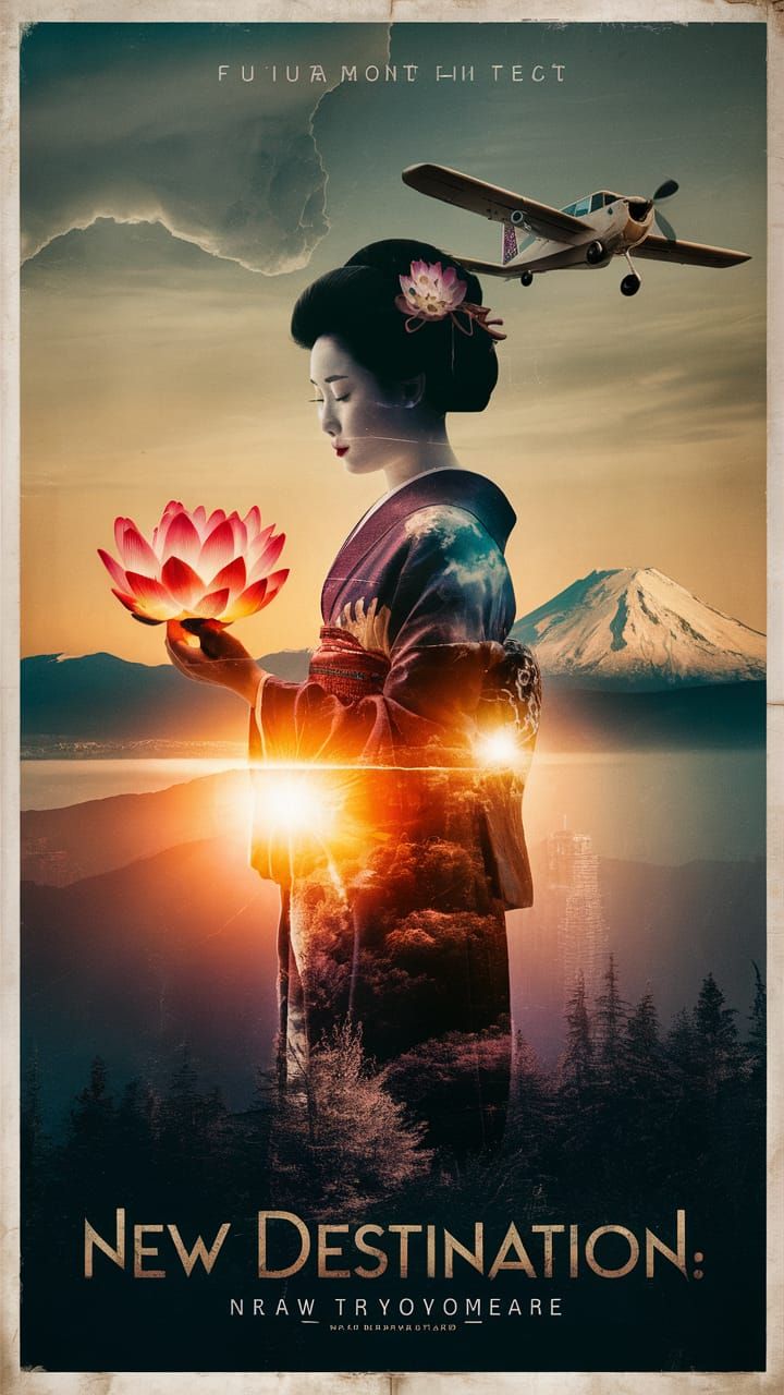 Vintage Travel Poster: Geisha, Lotus, and Fujiyama
