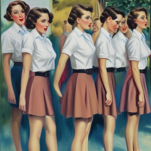 1940s Era Girls in Uniform: Oil Painting