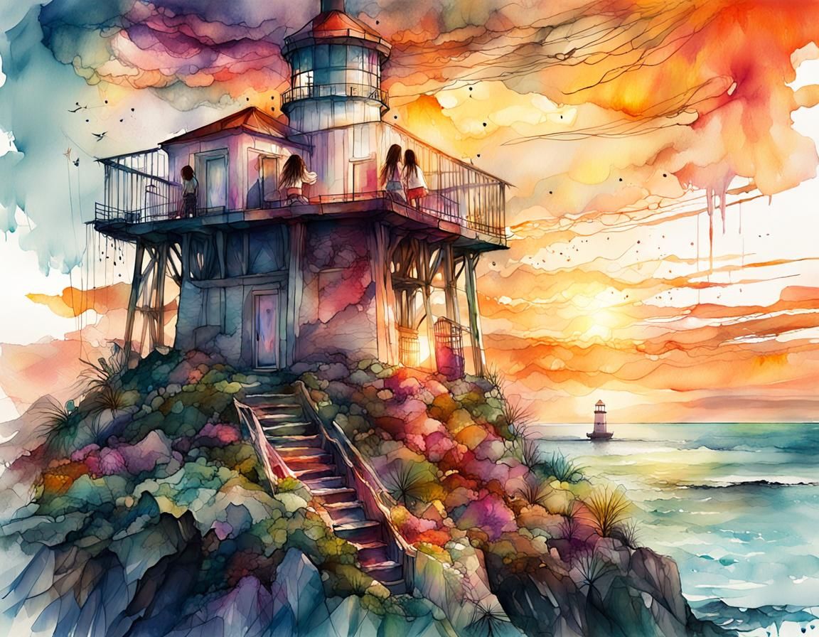 Sisters on Lighthouse: Digital Watercolor Illustration
