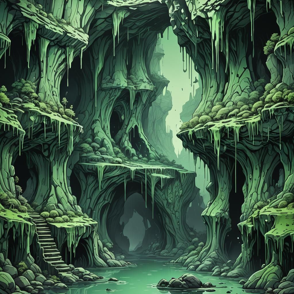 Oozing Cavern: A Minimalist Monochromatic Green Sketch