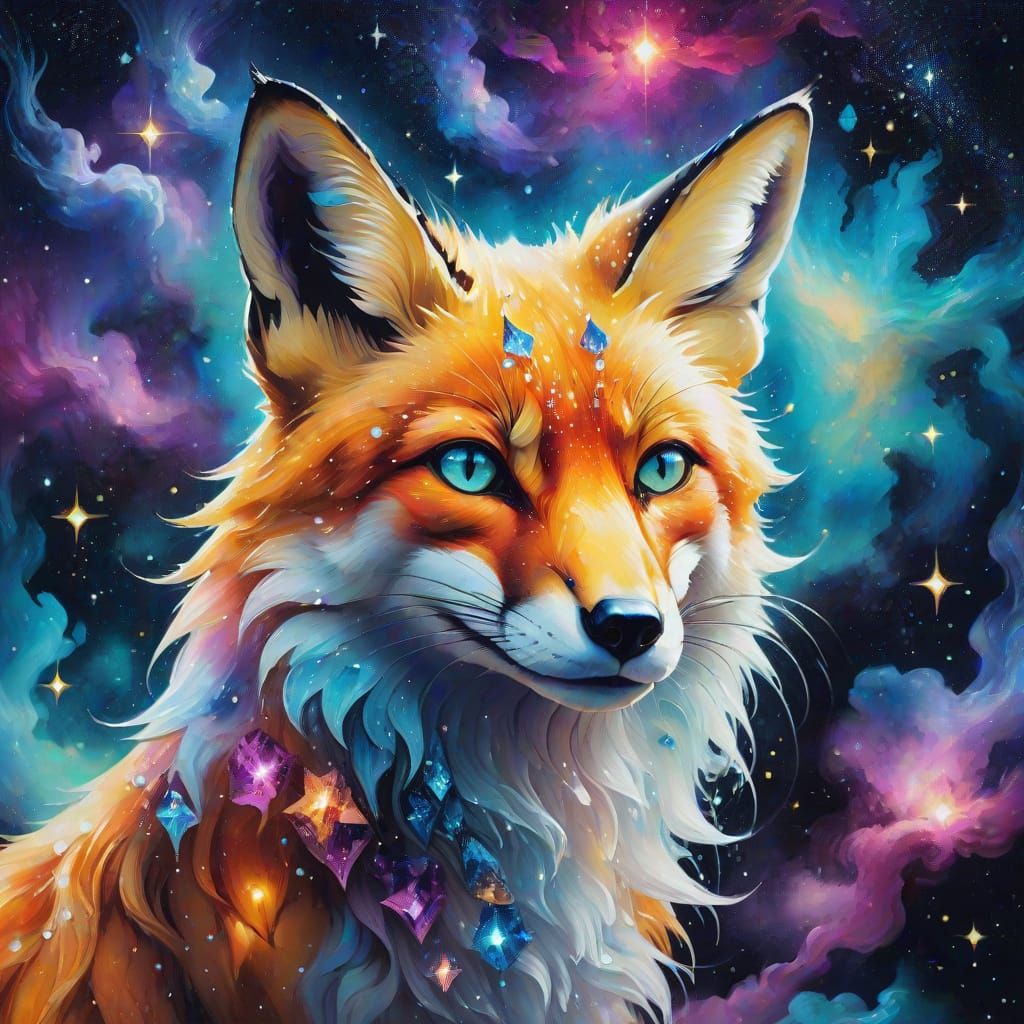 Surreal Oil Painting of a Glowing Fox in the Galaxy