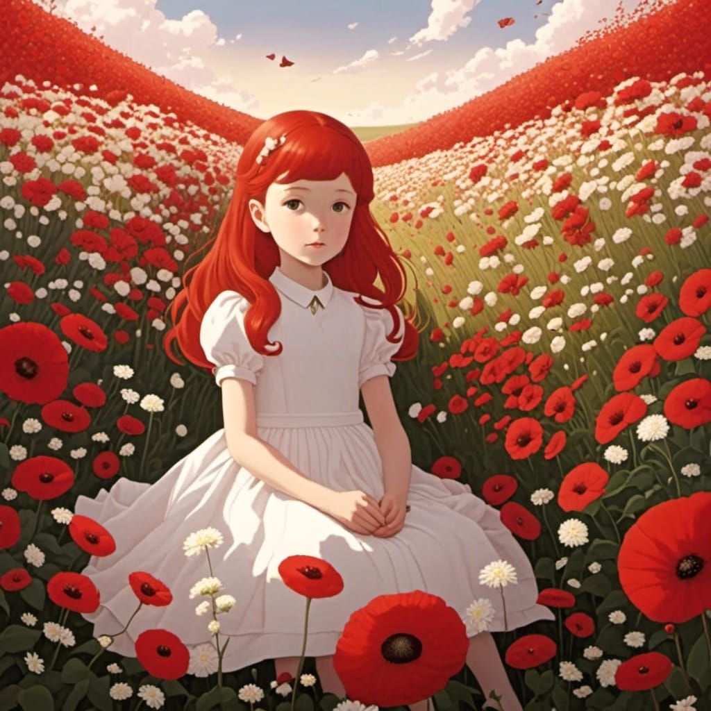 Anime Girl in Flower Field at Golden Hour