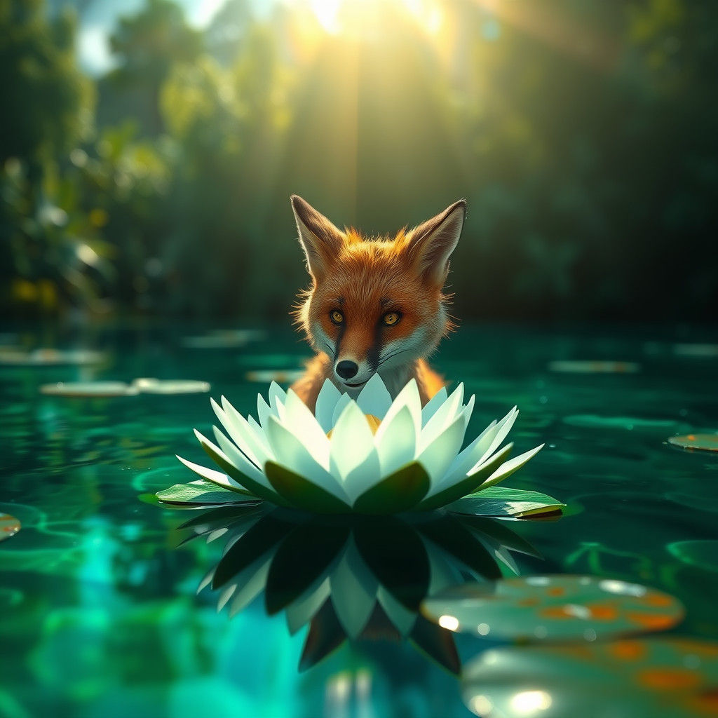 Fox Lounging on Water Lily in Crystal Lake