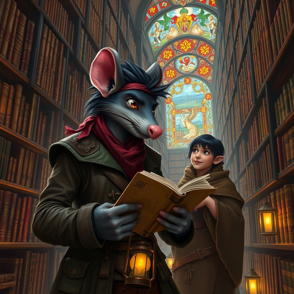 Rat-Man Pirate Explores Arcane Library with Halfling Ranger