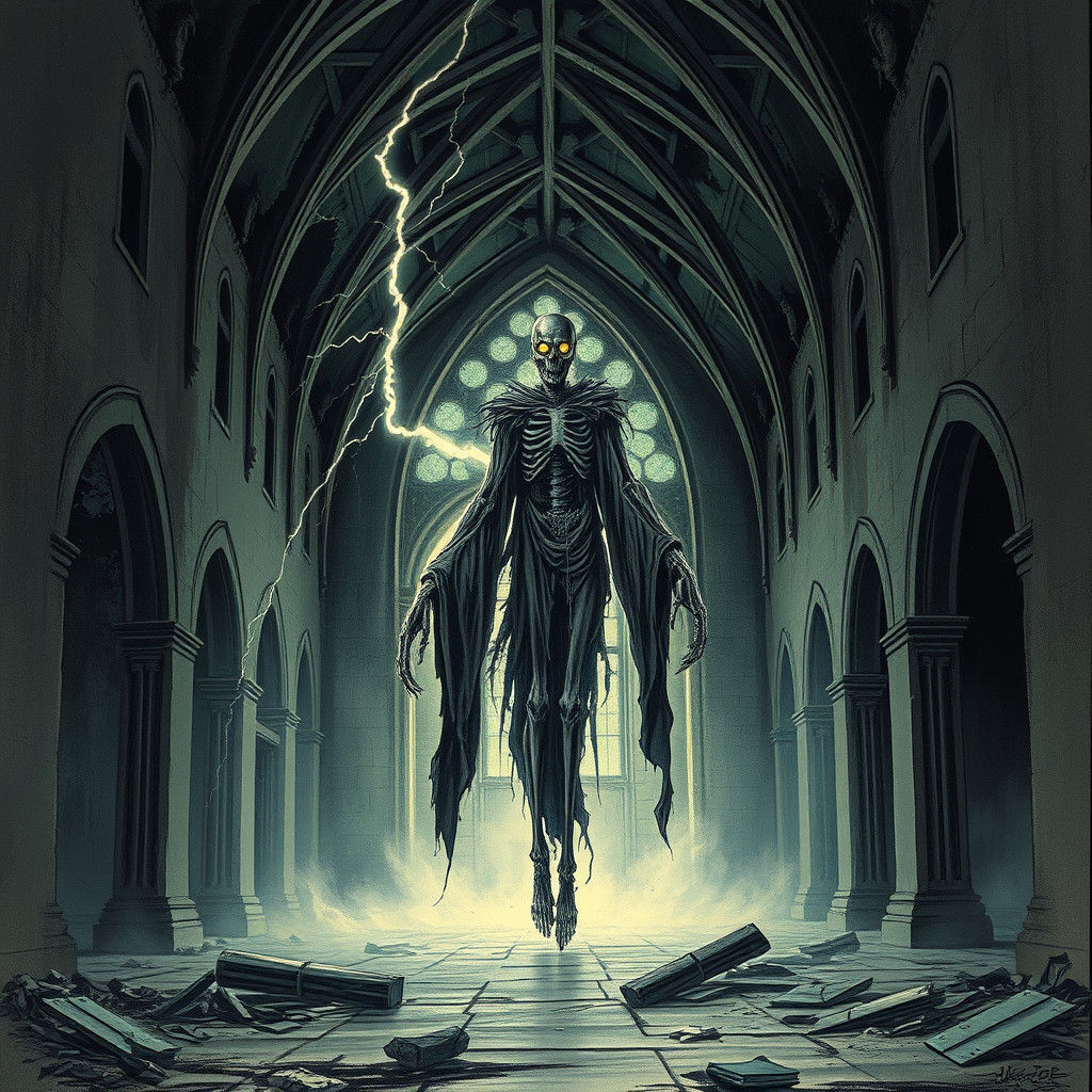 Specter Haunts Church in Lightning Storm, Macabre Illustrati...