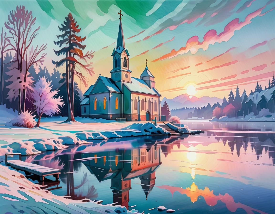 Vaporwave Church Beside Lake in Gouache Style