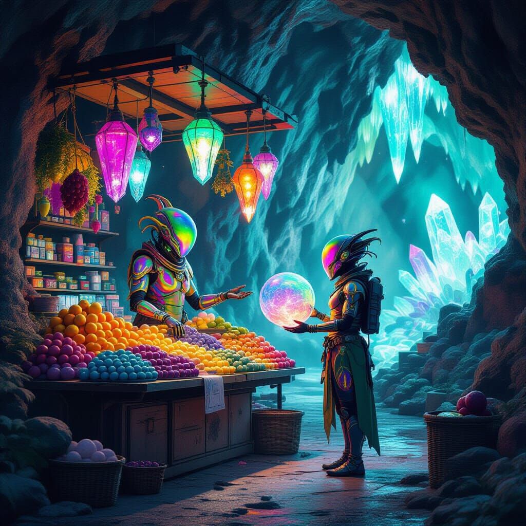Alien Market with Bioluminescent Produce in Hyperrealistic S...