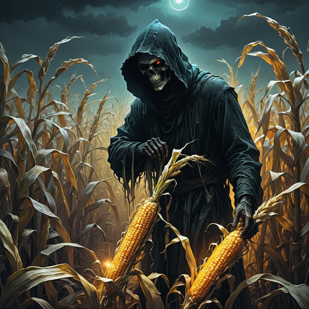 Menacing Reaper Harvesting Glowing Corn: Dark Fantasy Art