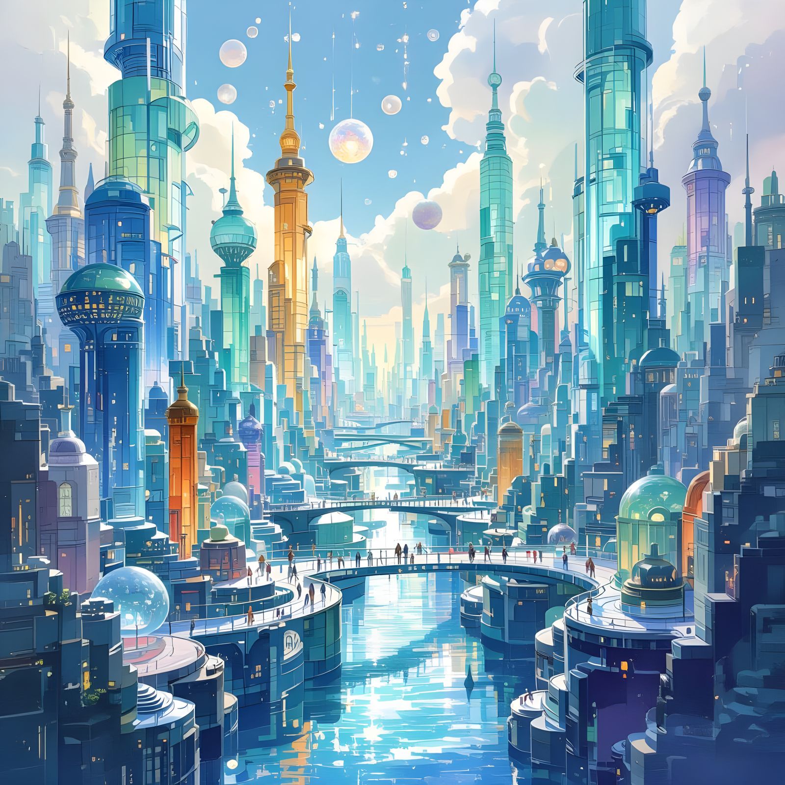 Futuristic Sea Glass City in Watercolor Style