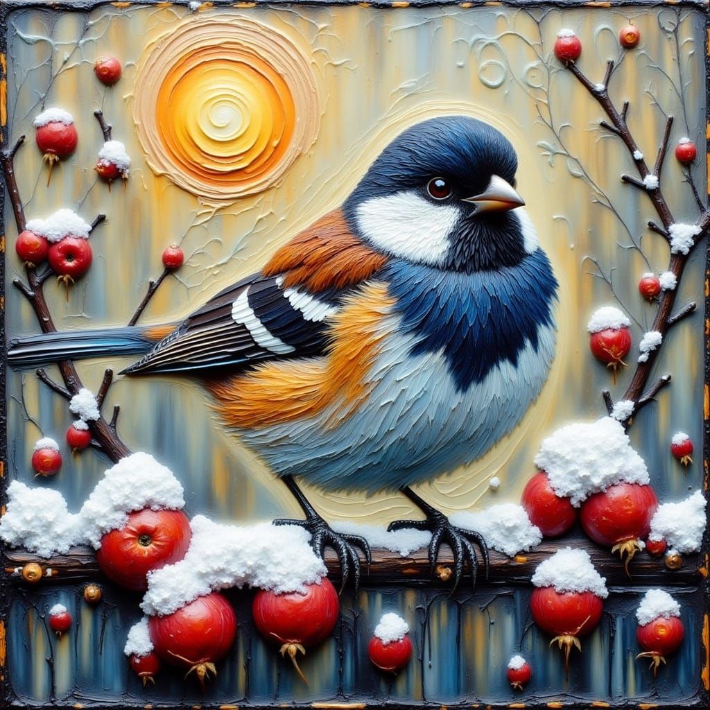 Encaustic Sparrow Painting with Winter Sunrise