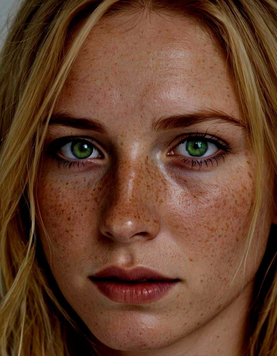 Close Portrait of a Freckled Blond Woman