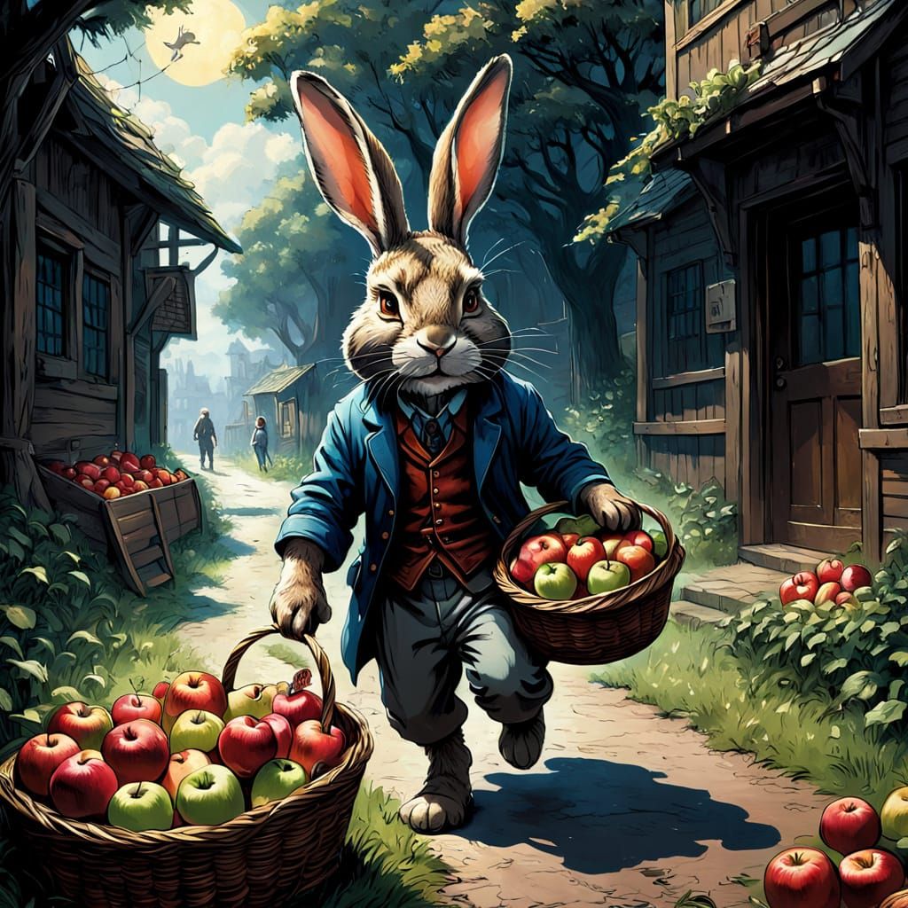 Rabbit Delivering Apples to Old Man in Comic Book Style